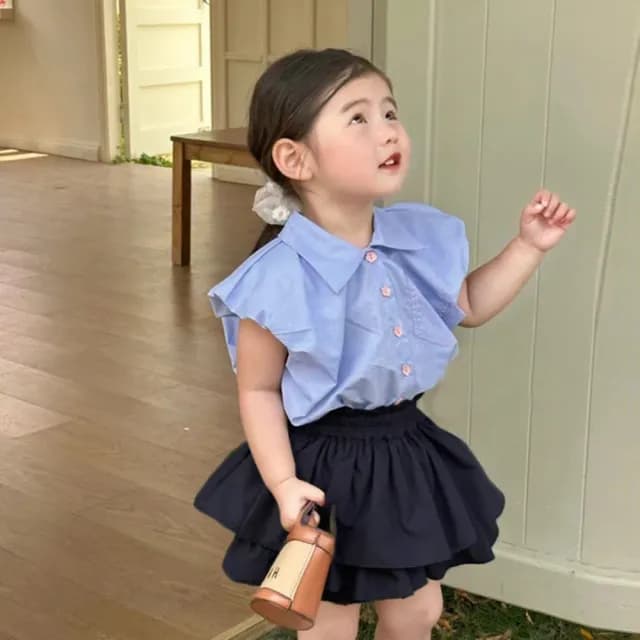 【橘魔法】知性都會荷葉蛋糕褲裙套裝(無袖襯衫 褲裙 短褲 褲子 女童 兒童 中童 童裝)