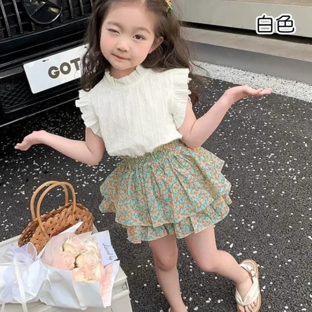 【橘魔法】復古甜美碎花小飛袖套裝(短袖上衣 褲裙 短褲 褲子 女童 兒童 兒童 童裝)