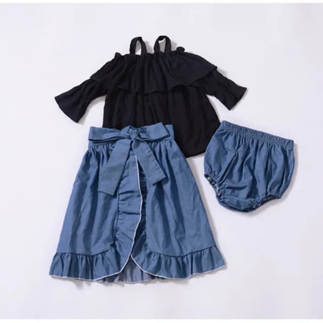 【橘魔法】露肩棉紗牛仔荷葉長裙(三件式 套裝 3件式 半身裙 裙子 露肩上衣 無袖上衣 女童 童裝 兒童)