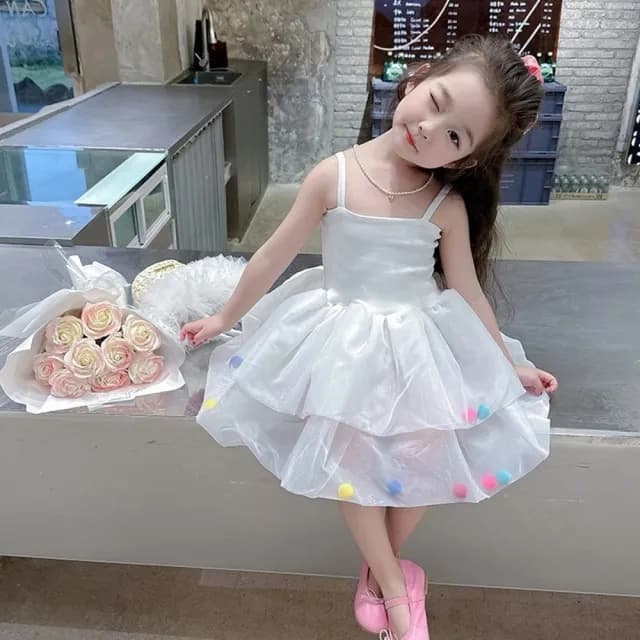 【橘魔法】彩虹毛球肩帶澎澎紗裙洋裝(連衣裙 連身裙 吊帶洋裝 紗裙洋裝 童裝 兒童 女童)