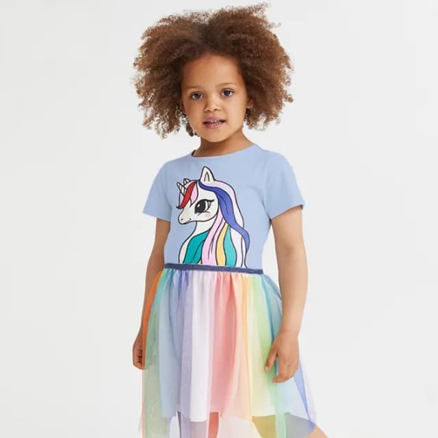 【橘魔法】七彩漸層獨角獸短袖紗裙洋裝(短袖洋裝 兒童 連身洋裝 連身裙 連衣裙 女童 童裝)