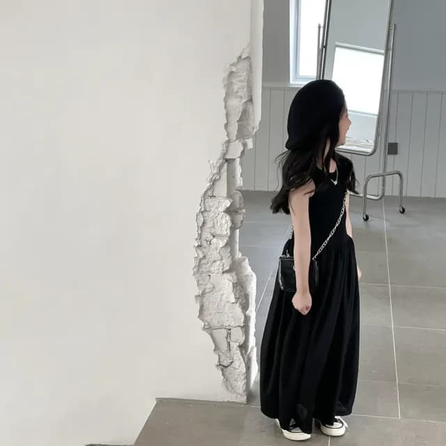 【橘魔法】赫本風坑條背心長裙洋裝(大童 背心洋裝 連身裙 兒童洋裝 女童 童裝 兒童)