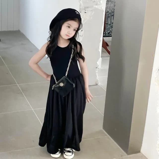 【橘魔法】赫本風坑條背心長裙洋裝(大童 背心洋裝 連身裙 兒童洋裝 女童 童裝 兒童)