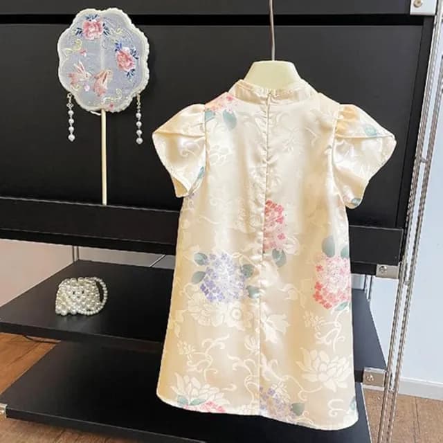 【橘魔法】光澤綢緞繡球花旗袍洋裝(連身洋裝 連衣裙 連身裙 女童 兒童 童裝)