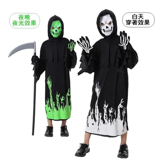 【橘魔法】地獄死神夜光骷髏人長袍 附手套(略有製作痕跡)(萬聖節 角色扮演 道具 變裝 童裝 男童 兒童)
