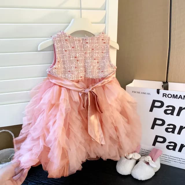 【橘魔法】粉編織毛尼背心蛋糕裙(澎澎裙 蓬蓬裙 連身裙 禮服 裙子 小香風 攝影 童裝 女童 兒童 花童)