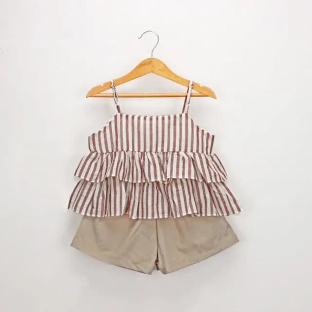 【橘魔法】棉麻直條荷葉細肩帶套裝(小可愛 背心 褲子 短褲 褲裙 女童 小童 兒童 童裝)