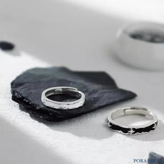 【Porabella】925純銀黑夜與黎明情侶對戒|獨特小眾設計|可調開口式|生日與告白禮物首選