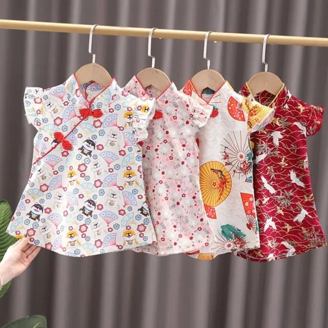 【橘魔法】龍鳳仙鶴滾邊盤扣旗袍(洋裝 過年 新年 大紅 抓周 周歲 連身裙 連衣裙 中國風 兒童 童裝 女童)