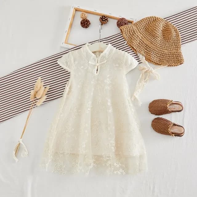 【橘魔法】甜美刺繡紗質旗袍洋裝(短袖洋裝 連身洋裝 連衣裙 連身裙 紗裙洋裝 女童 兒童 童裝)