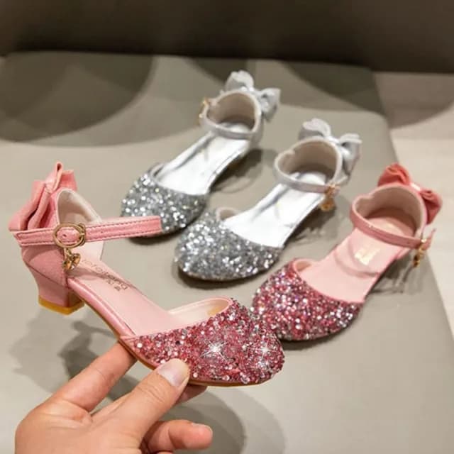 【橘魔法】閃鑽亮片腳跟蝴蝶結高跟涼鞋(高跟鞋 低跟鞋 鞋子 公主鞋 女童 婚禮 禮服表演 花童 童裝)