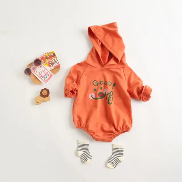 【橘魔法】表情字母毛圈棉長袖連帽包屁衣(薄長袖 連帽 包屁衣 女童 童裝)