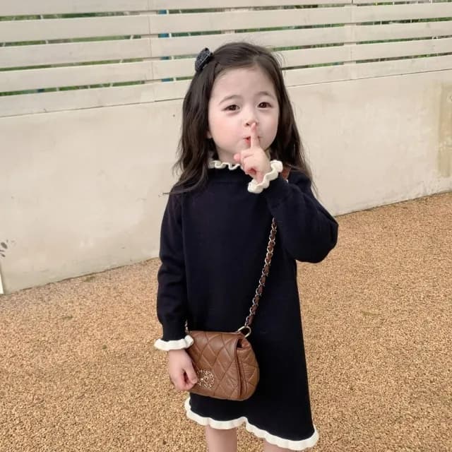 【橘魔法】韓系氣質木耳邊針織連身裙(大童 連衣裙 洋裝 長版上衣 中童 童裝 女童 兒童)