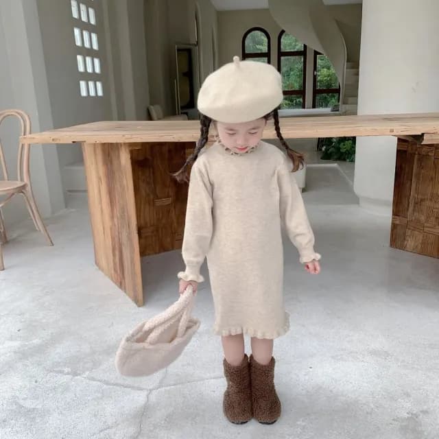 【橘魔法】韓系氣質木耳邊針織連身裙(大童 連衣裙 洋裝 長版上衣 中童 童裝 女童 兒童)