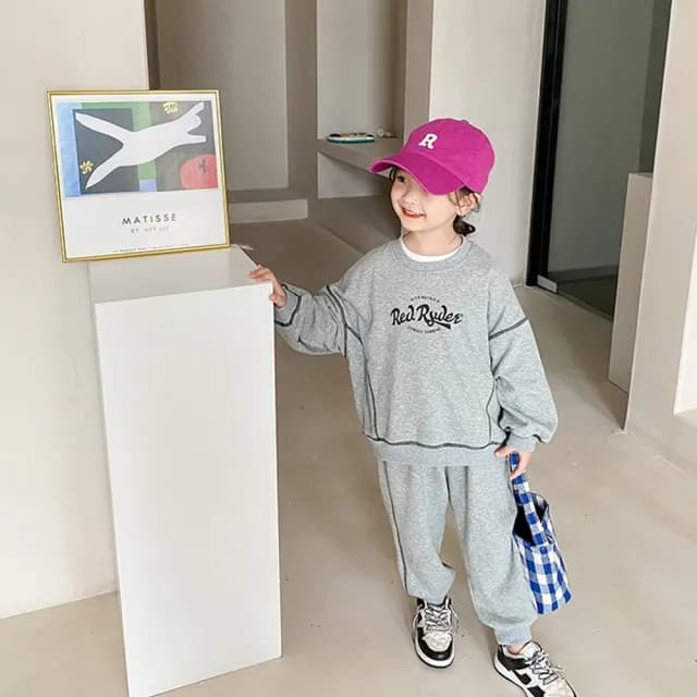 【橘魔法】反車線字母印花長袖套裝(長袖上衣 長褲 棉褲 運動 大童 兒童 男童 女童 中性款 童裝)