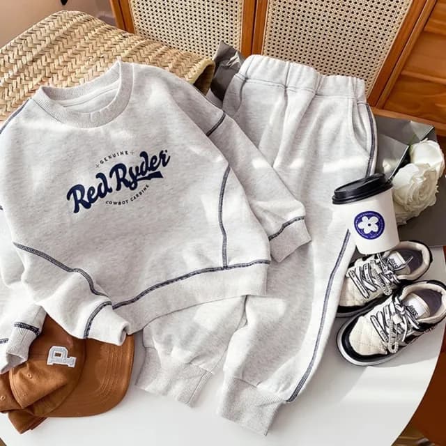 【橘魔法】反車線字母印花長袖套裝(長袖上衣 長褲 棉褲 運動 大童 兒童 男童 女童 中性款 童裝)