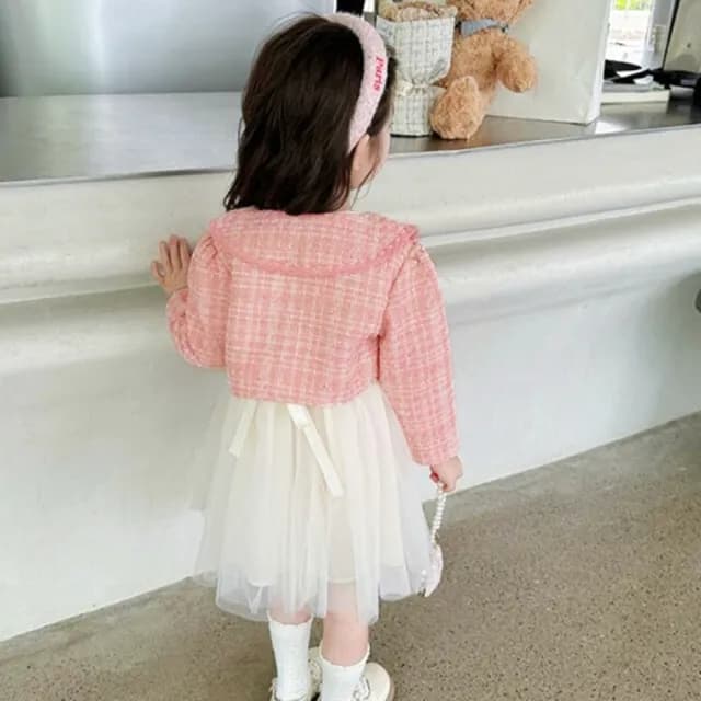 【橘魔法】甜心名媛格紋毛呢小外套+洋裝 套裝(長袖 外套 童裝 兒童 女童 生日洋裝)