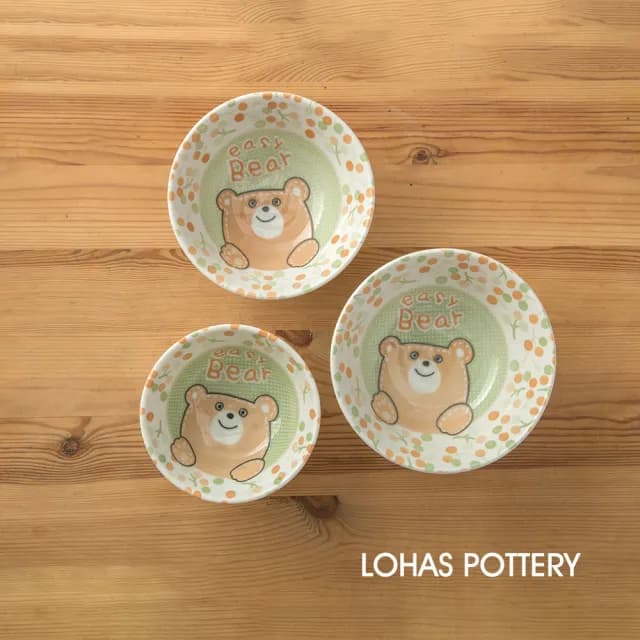 【LohasPottery 陸寶】日本製 美濃燒 動物卡通釉下彩壓紋飯碗(餐具三件組)