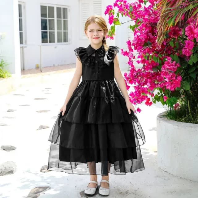 【橘魔法】兒童黑紗公主禮服裙(萬聖節服裝 蛋糕裙 長洋裝 無袖洋裝 禮服 星期三 角色扮演 女童 兒童 童裝)