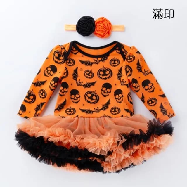 【橘魔法】(小童優惠價)南瓜滿印紗裙包屁衣+髮帶(萬聖節服裝 澎澎裙 小童 嬰幼兒 童裝 女童 兒童)