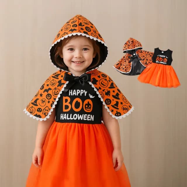 【橘魔法】萌南瓜背心紗裙洋裝+滿印斗篷披風(斗篷 萬聖節服裝 造型服 角色扮演 兒童 女童 童裝 小童)