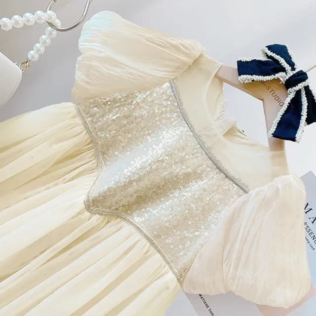 【橘魔法】復古宮廷風亮片澎澎袖洋裝(連衣裙 連身裙 短袖洋裝 女童 童裝 兒童 生日洋裝)