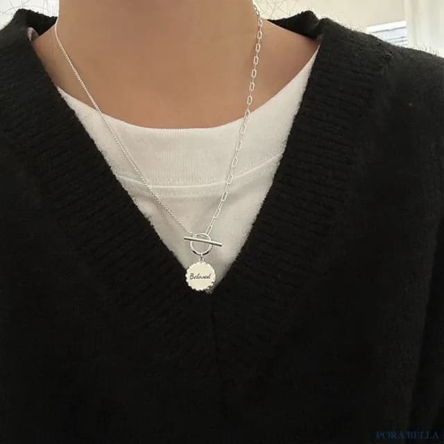 【Porabella】S925純銀 幾何圓牌字母OT扣項鍊|極簡鎖骨鍊・生日/情人節/告白禮物推薦|Necklace