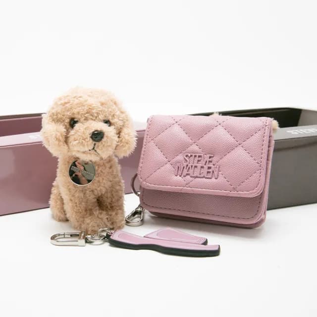 【steve madden】菱格紋零錢包/吊飾三件禮盒組(粉色)