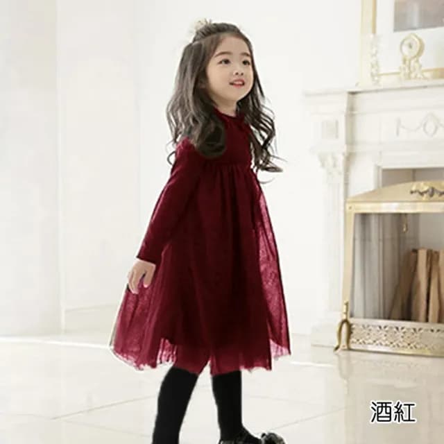 【橘魔法】極素高領紗裙長袖洋裝(大童 聖誕 過年 連身裙 澎澎裙 連衣裙 長袖洋裝 紗裙 女童 洋裝 童裝)