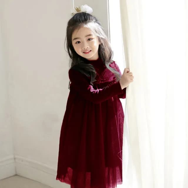 【橘魔法】極素高領紗裙長袖洋裝(大童 聖誕 過年 連身裙 澎澎裙 連衣裙 長袖洋裝 紗裙 女童 洋裝 童裝)