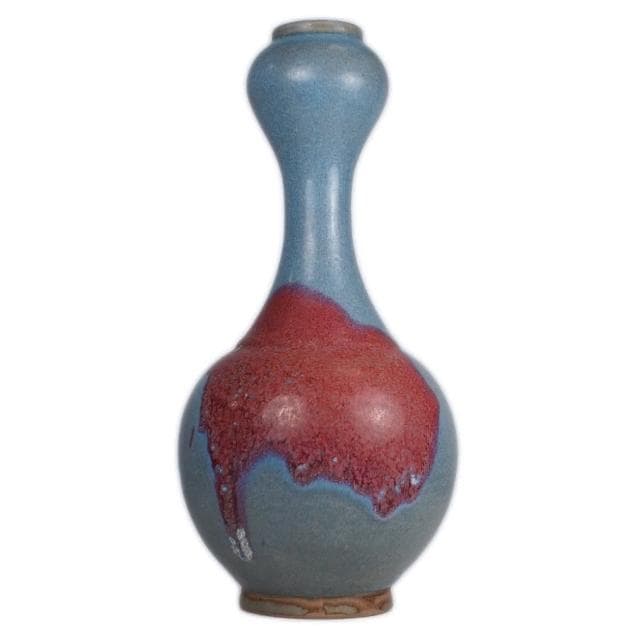 《博古珍藏》元 鈞窯天青釉紫斑蒜頭瓶 早期收藏 老件花瓶瓷器