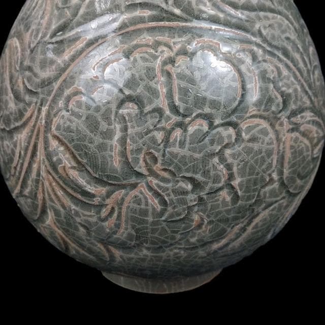 《博古珍藏》宋 耀州窯刻花卉紋長頸瓶 早期收藏 花瓶瓷器