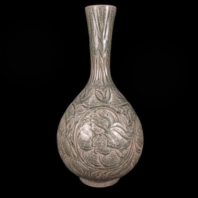 《博古珍藏》宋 耀州窯刻花卉紋長頸瓶 早期收藏 花瓶瓷器