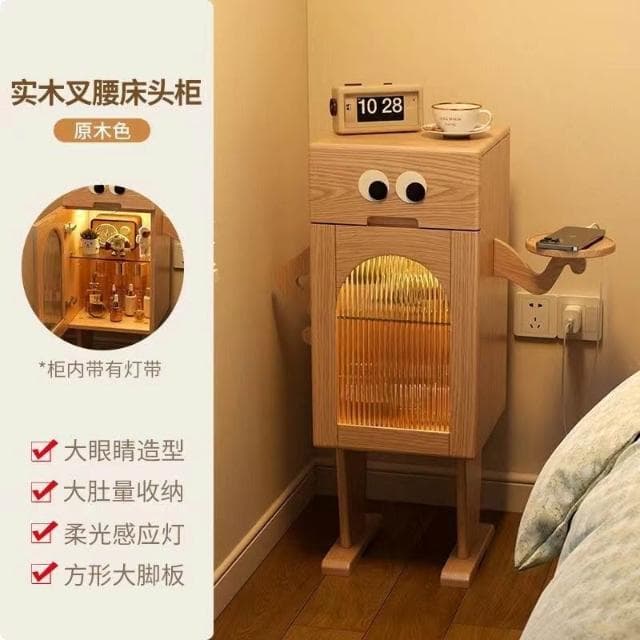免運 創意木質家具 喬遷禮物 冬木機器人床頭櫃帶燈全實木邊幾側邊櫃客廳電視置物櫃創意床頭櫃 大眼睛叉腰床頭櫃 木邊幾