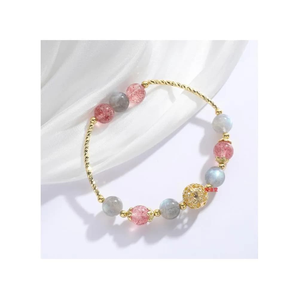 【開運堂】現貨 天然8mm草莓晶灰月光石手鍊女招桃花鏤空球閨蜜情人節禮物 開運堂
