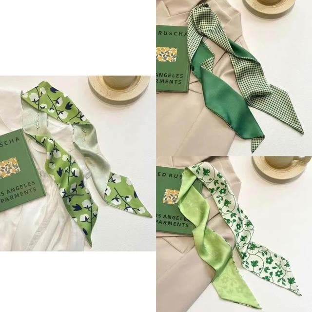 梵花 綠色繫新款顯白多功能春夏長條小絲巾女髮帶裝飾領巾小圍巾綁包包