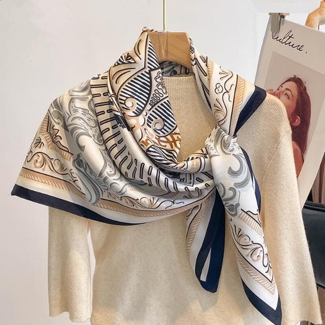 梵花 氣質藏青米色紅色順滑絲巾大方巾90cm百搭方巾披肩春秋新款圍巾