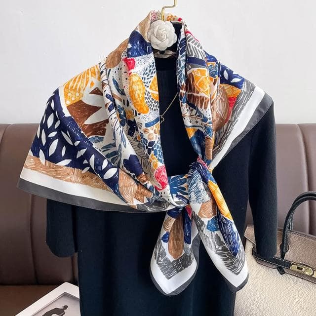 梵花 氣質藏青米色紅色順滑絲巾大方巾90cm百搭方巾披肩春秋新款圍巾