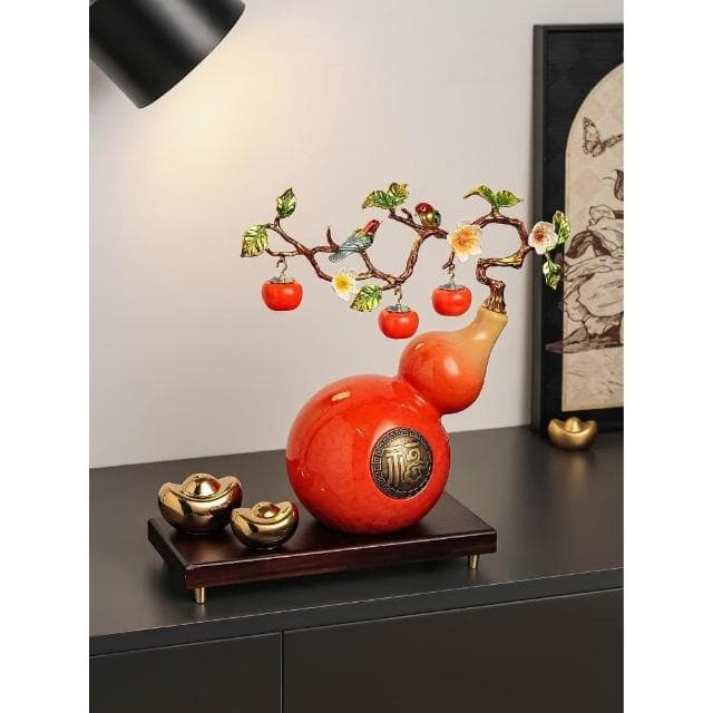 柿柿如意元寶葫蘆擺件新中式客廳玄關酒櫃裝飾辦公室喬遷新居禮品