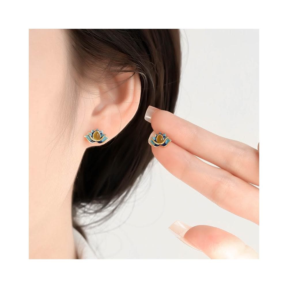 🎗飾間首飾鋪 925純銀和田玉蓮花耳環首飾女國風復古耳釘飾品小眾設計耳飾