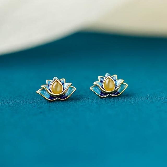 🎗飾間首飾鋪 925純銀和田玉蓮花耳環首飾女國風復古耳釘飾品小眾設計耳飾