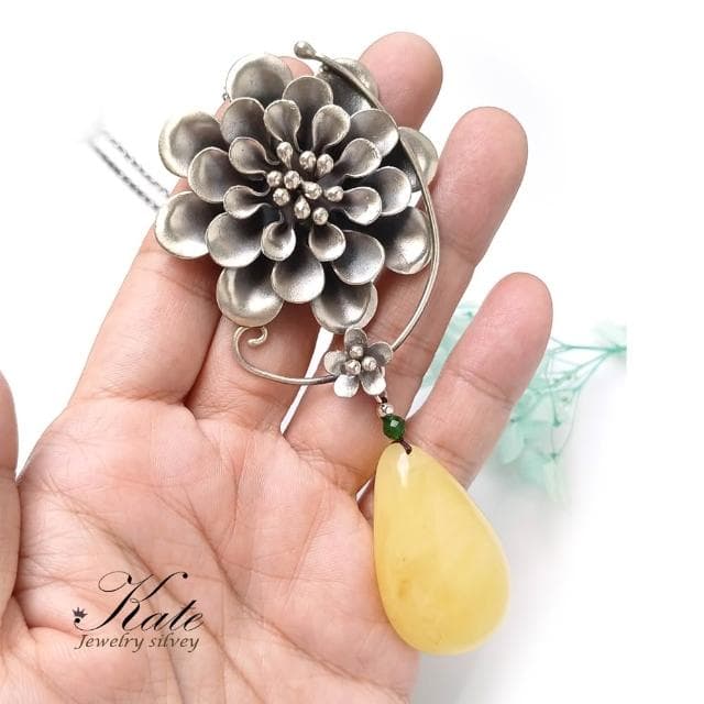 【KATE】銀飾 手工設計華麗芍藥花天然蜜蠟雙墜式純銀項鍊 波羅的海琥珀蜜蠟 植物珀 芍藥花 色澤潤美 生日禮物 情人禮物
