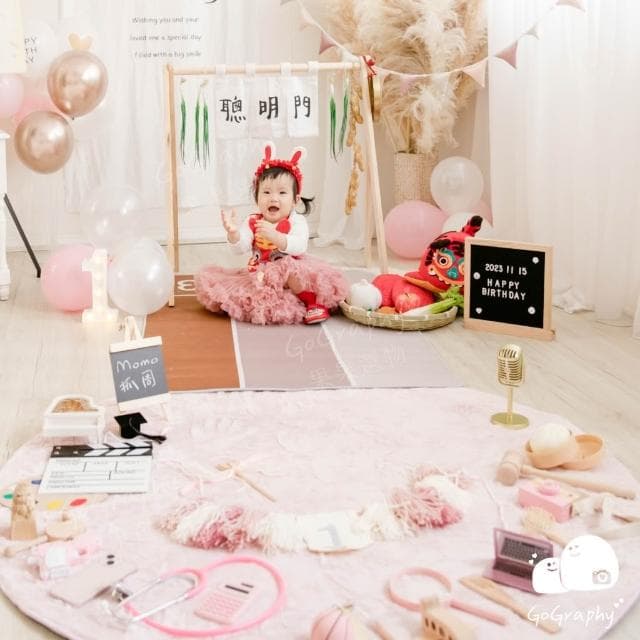 現貨|女寶 粉色抓周道具組 粉色 粉紅色 抓周 原木 抓周道具 抓周佈置 龍寶寶 生日 周歲布置 抓週|GoGraphy