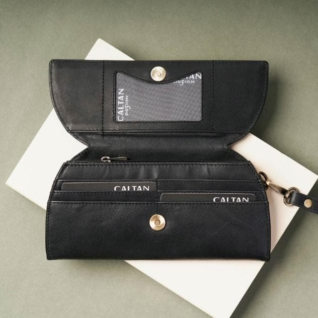 【CALTAN】CALTAN DESIGN | 午夜林真皮掀蓋撞色斜背長夾 075322bk/gr (真皮 長夾 可背式 皮夾 錢包)