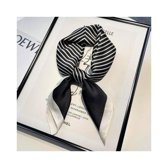 梵花 黑白條紋小方巾絲巾女頭巾春秋搭配襯衫職業裝飾護頸圍脖子薄圍巾