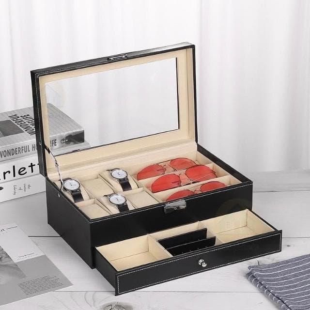 高級 皮革 珠寶 首飾 收納盒 家用 多功能 雙層 手錶 一體 眼鏡盒 收納 展示盒 首飾盒 飾品盒
