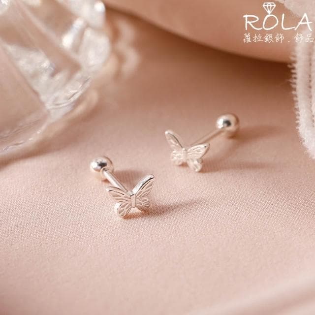 ROLA蘿拉銀飾.飾品 “現貨當天出” //一對價// 小巧刻紋蝴蝶999足銀旋轉螺旋圓珠轉珠鎖珠耳針耳環耳骨針 動物.