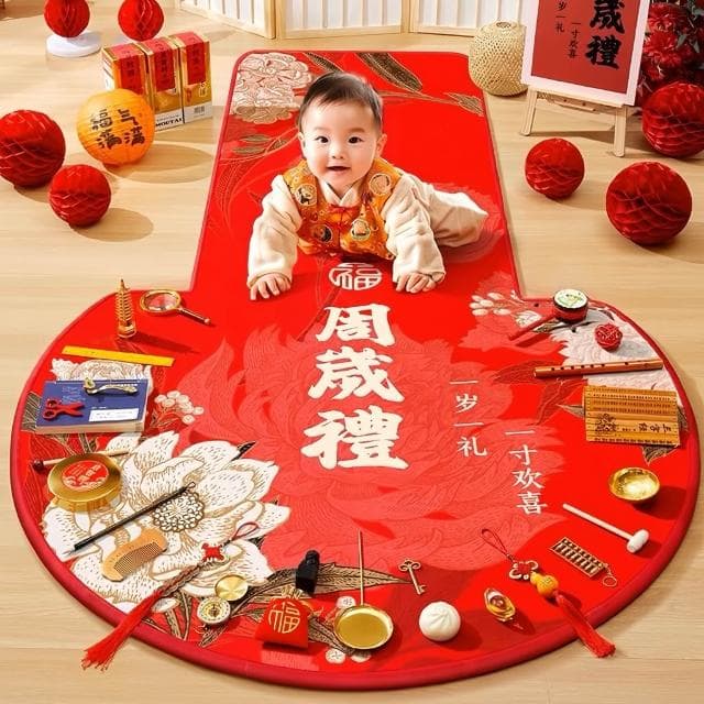 生日布置道具 周歲抓鬮地毯 抓鬮用品套裝 抓周圓形地毯 週歲禮抓周地毯 布置喜慶墊子 抓周圓形地墊