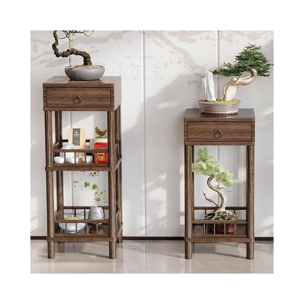 新中式花架 禪意置物架 落地花臺架 室內擺放花架 客廳花幾 盆栽展示台 帶抽花架桌 楠竹仿古植物台