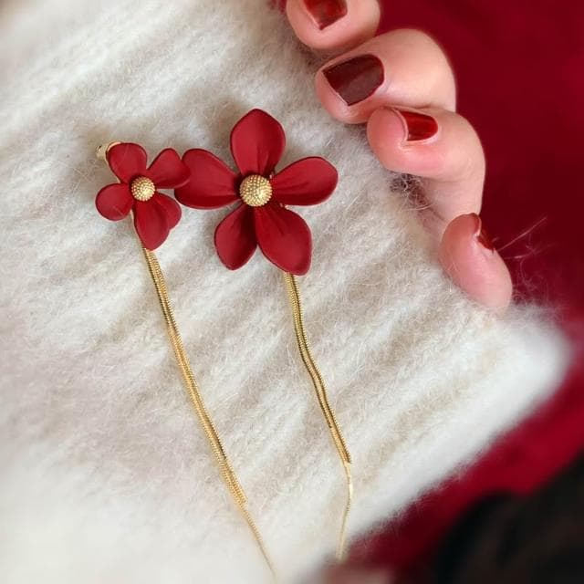 🎗飾間首飾鋪 紅色不對稱珍珠流蘇耳飾蚊香盤耳夾女無耳洞新年耳環耳環